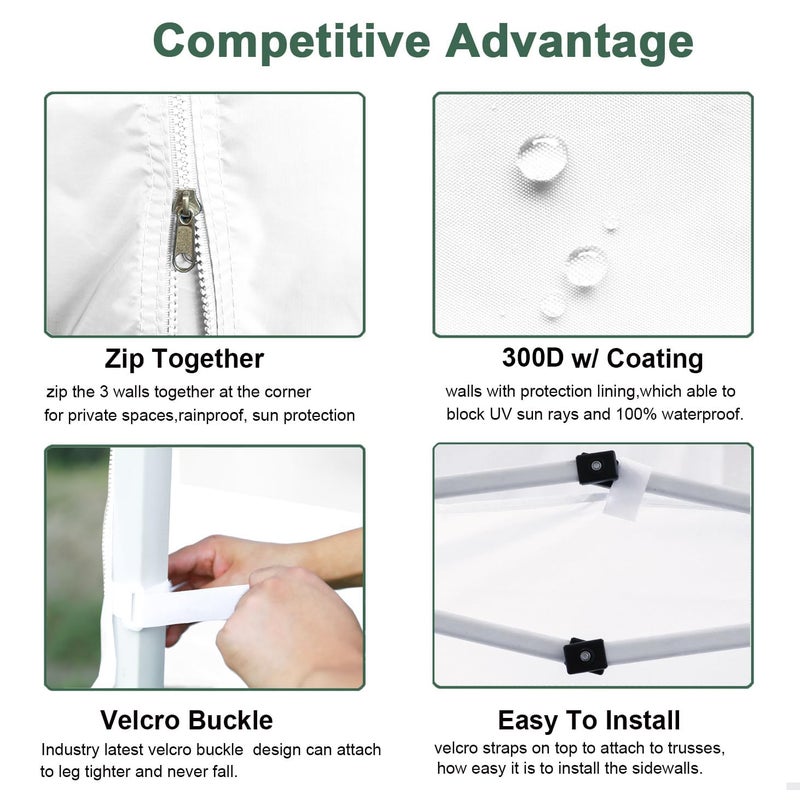 JANCANOPY SideWall for 10x10 Canopy Frame, 3 Pack White SunWall Only, (with Zippers) - Image 4